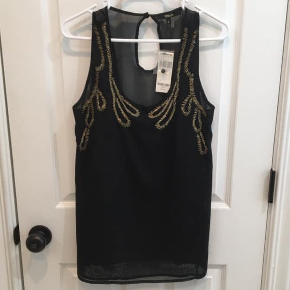 Sheer Black Sleeveless Top with Gold Beading